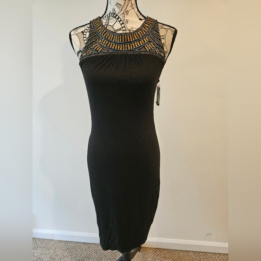 NWT Black and Gold Beaded Sheeth Dress Size XS Key Hole Back